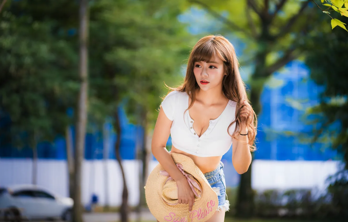 Photo wallpaper pose, hat, Asian, bokeh