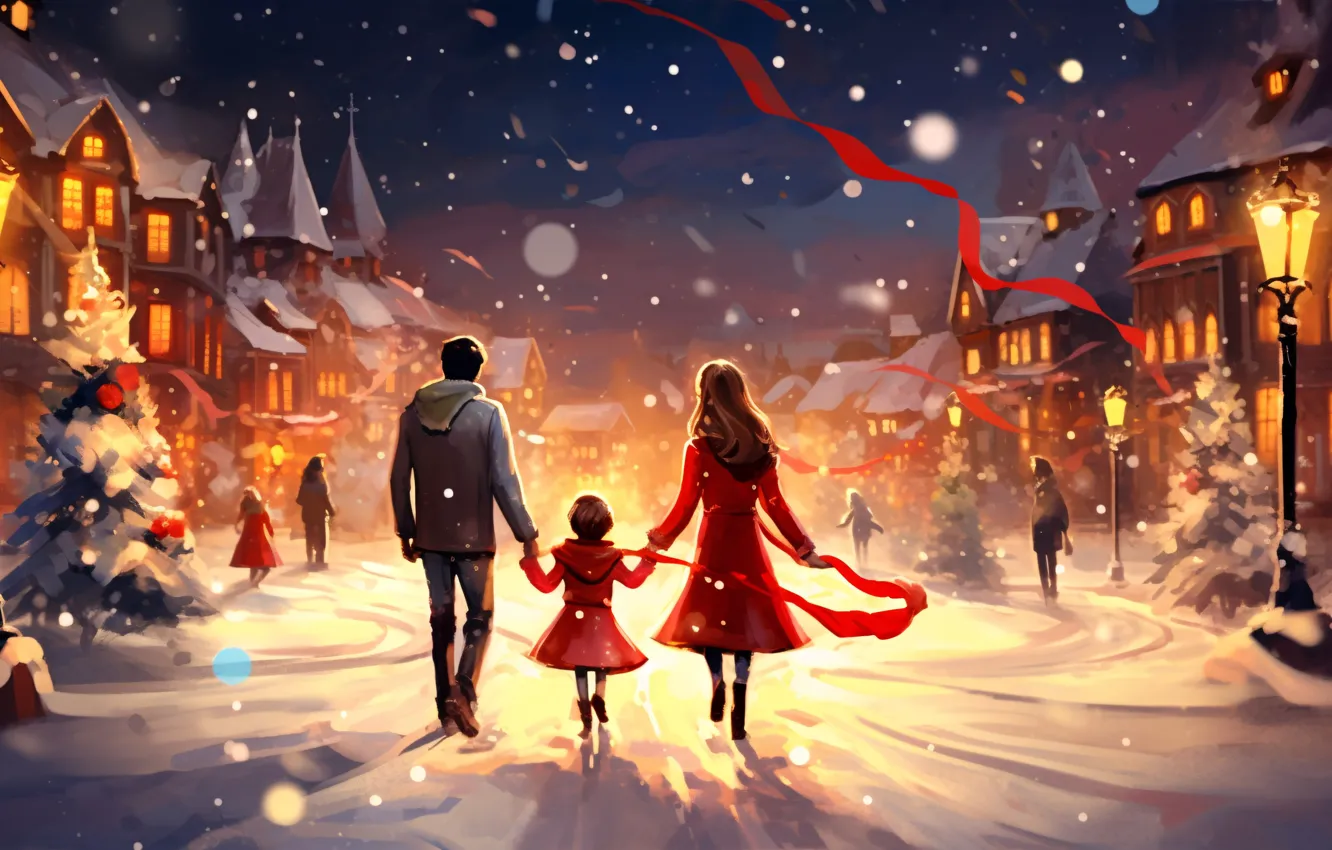 Photo wallpaper winter, road, light, snow, night, holiday, figure, people