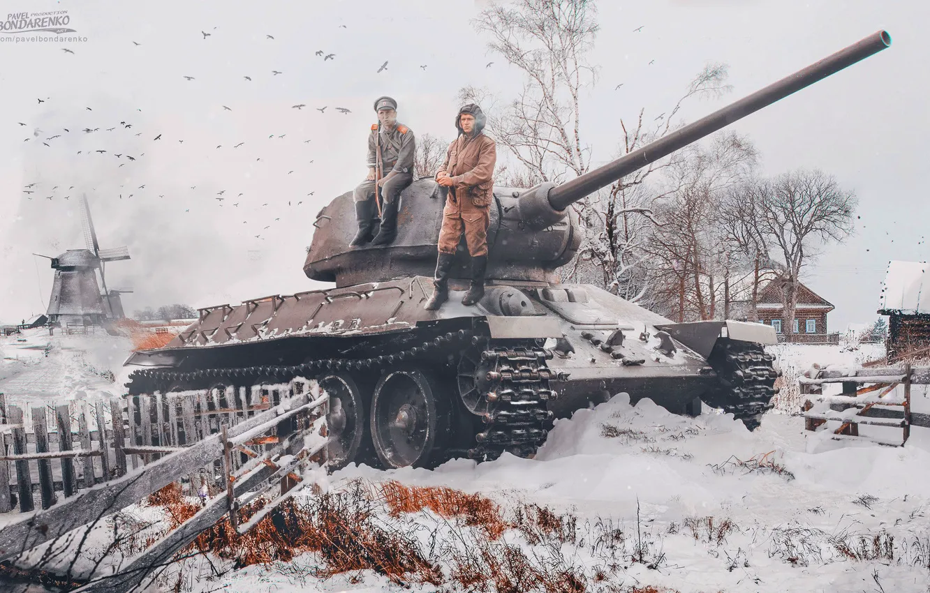 Photo wallpaper Winter, Soldiers, Two, Tank, T-34-85, Tanker