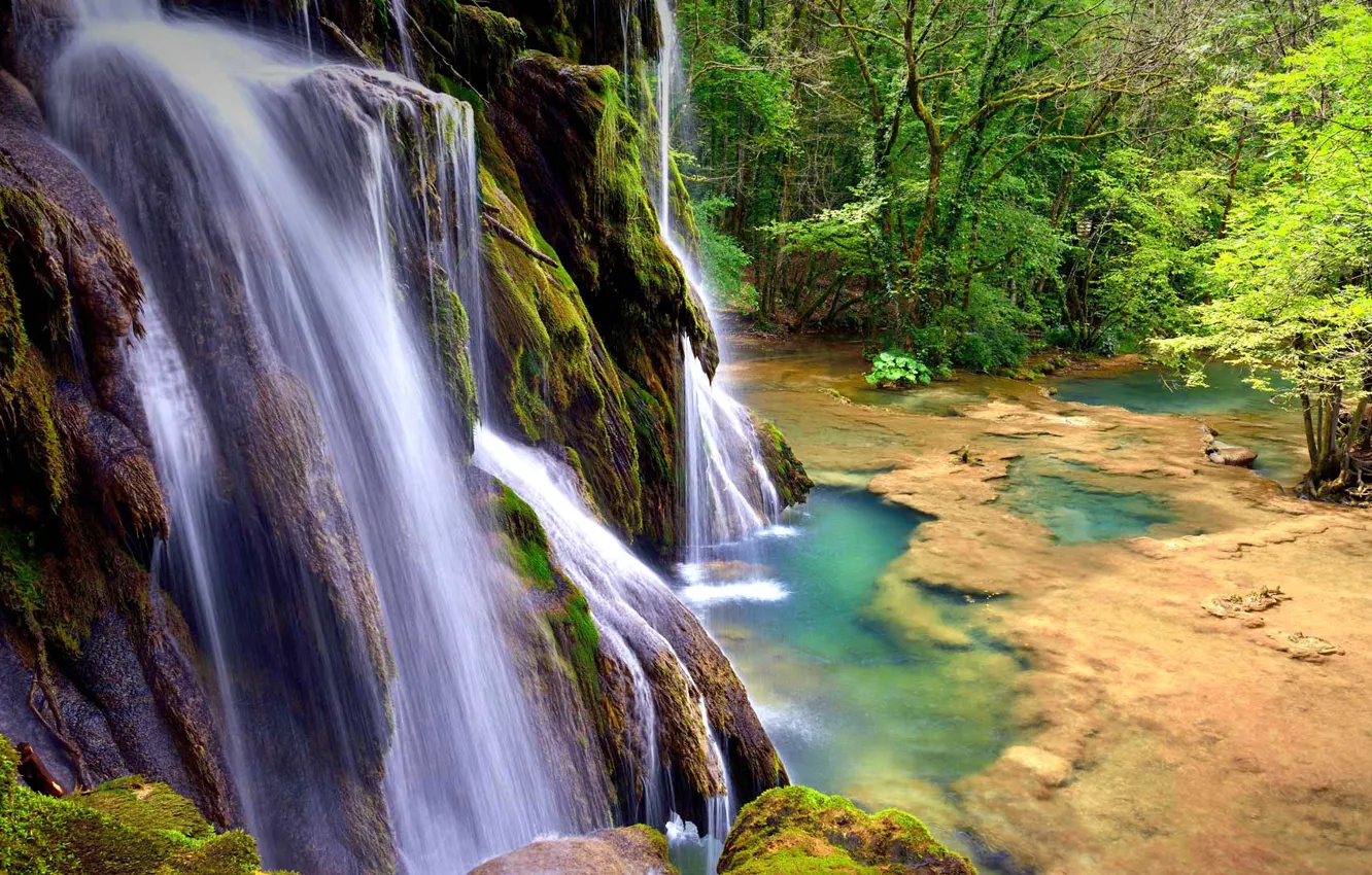 Photo wallpaper trees, rocks, France, waterfall, stream, Jura, Franche-Comte