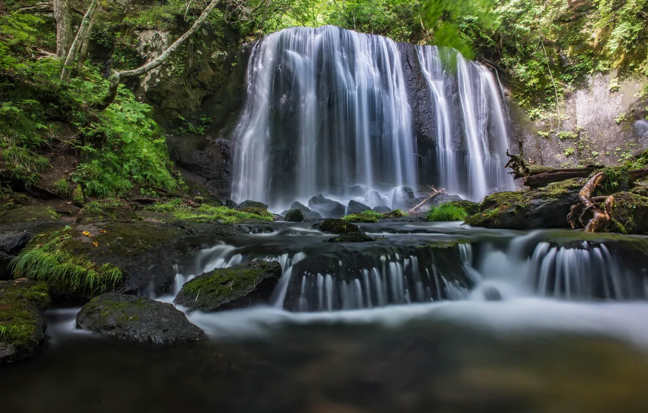 Photo wallpaper autumn, leaves, water, waterfall, stream, water, waterfall, stream