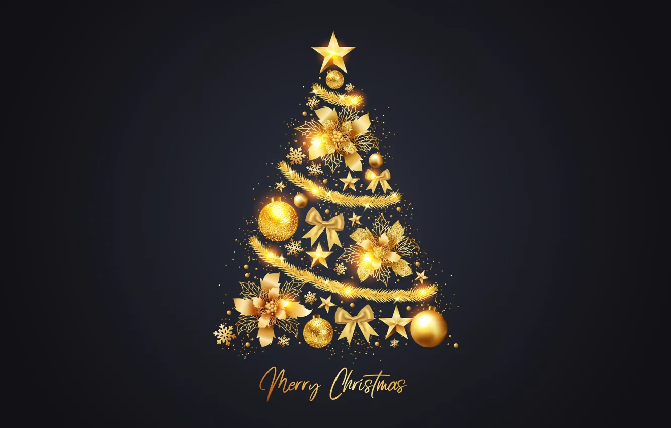 Photo wallpaper stars, decoration, gold, tree, new year, Christmas, golden, black background