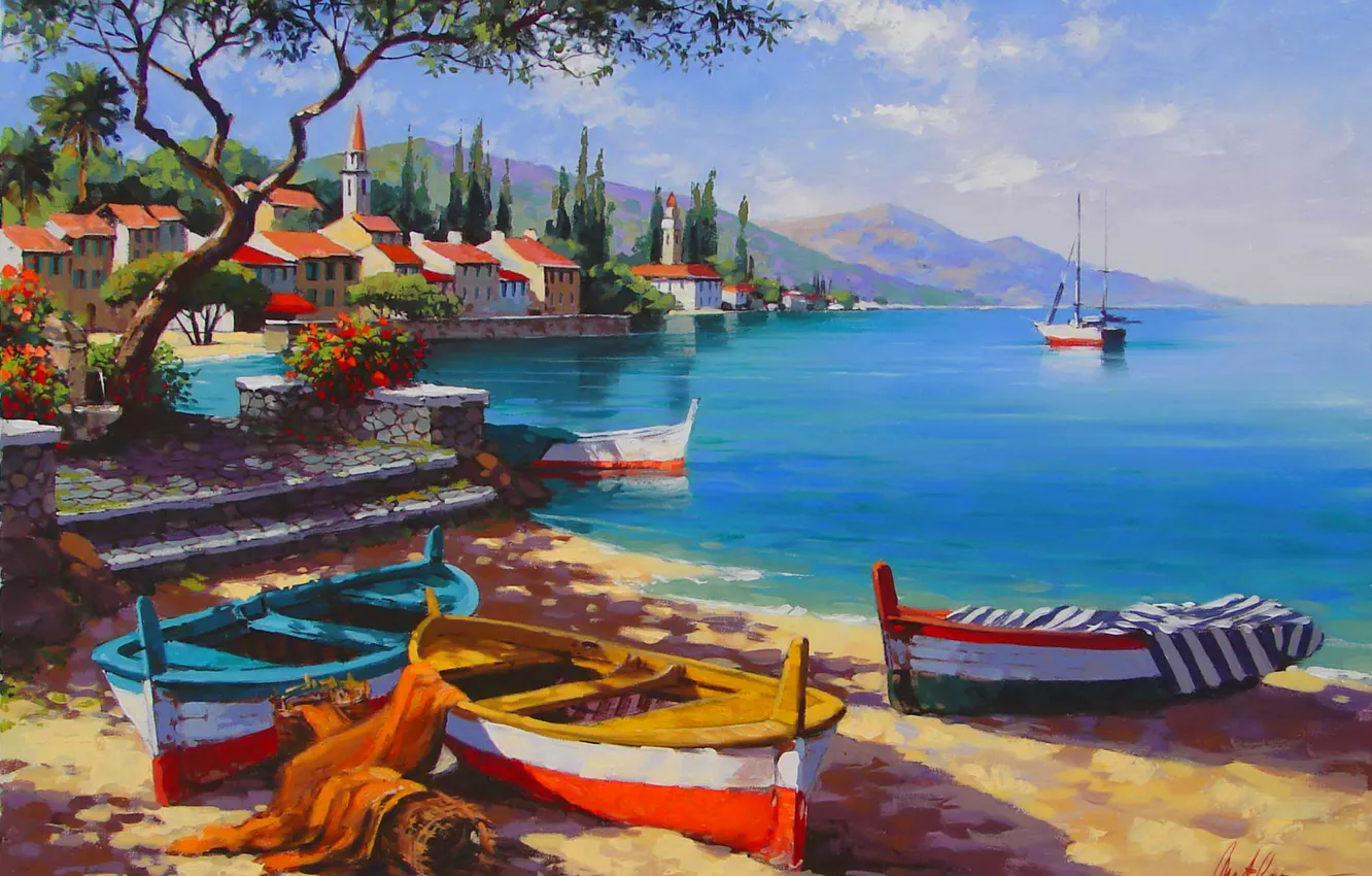 Photo wallpaper sea, the sky, landscape, mountains, the city, boat, ship, picture