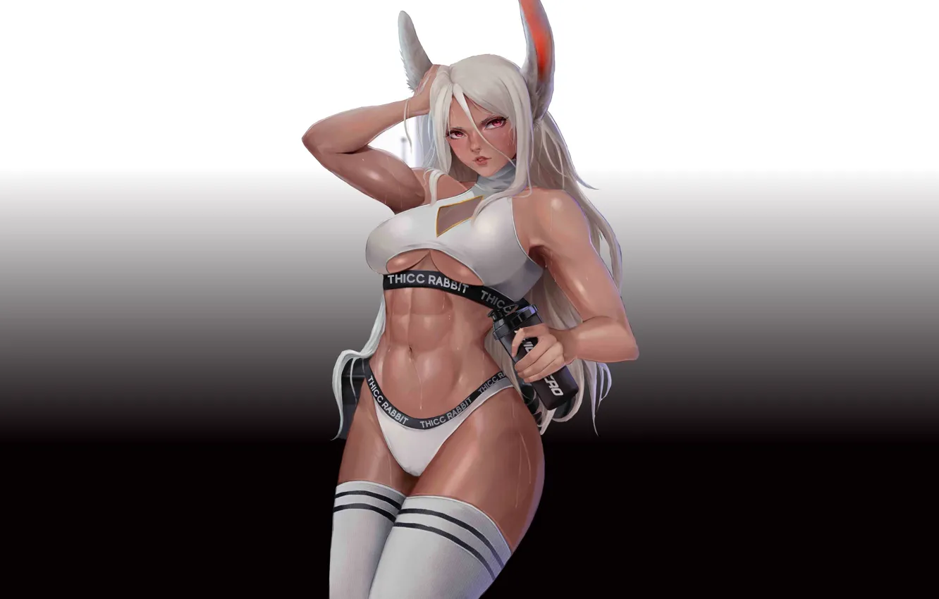 Photo wallpaper girl, anime, pretty, babe, bunny, fitness, white hair, tan
