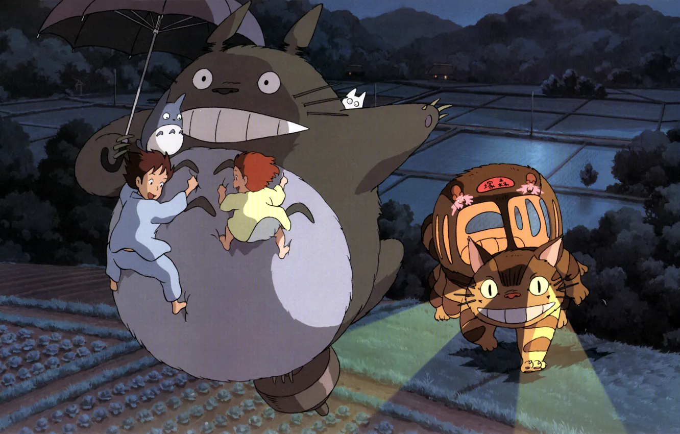 Photo wallpaper night, being, umbrella, walk, the beds, my neighbor Totoro, Hayao Miyazaki, tonari no totoro