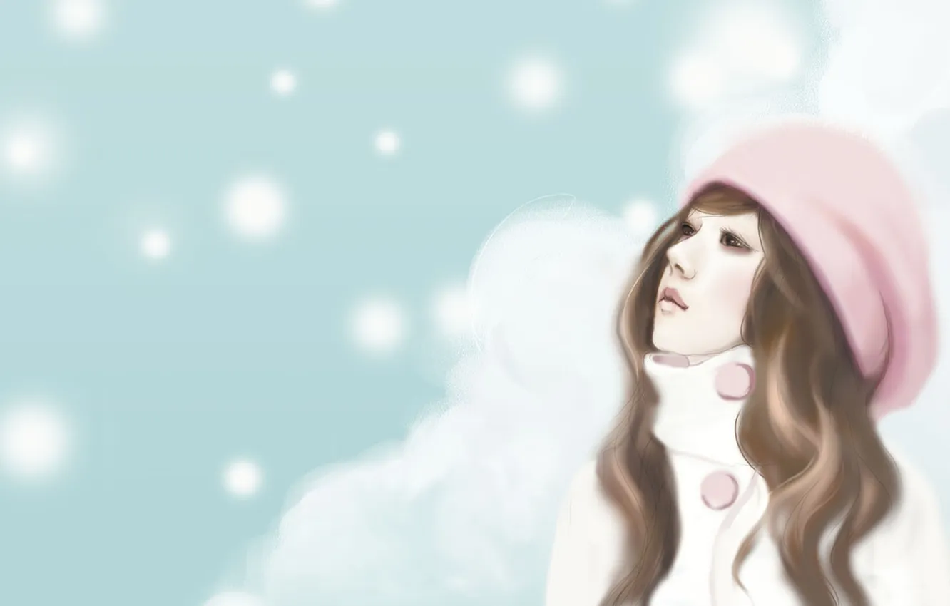 Photo wallpaper girl, snowflakes, brown hair, cap, daydreaming, Enakei