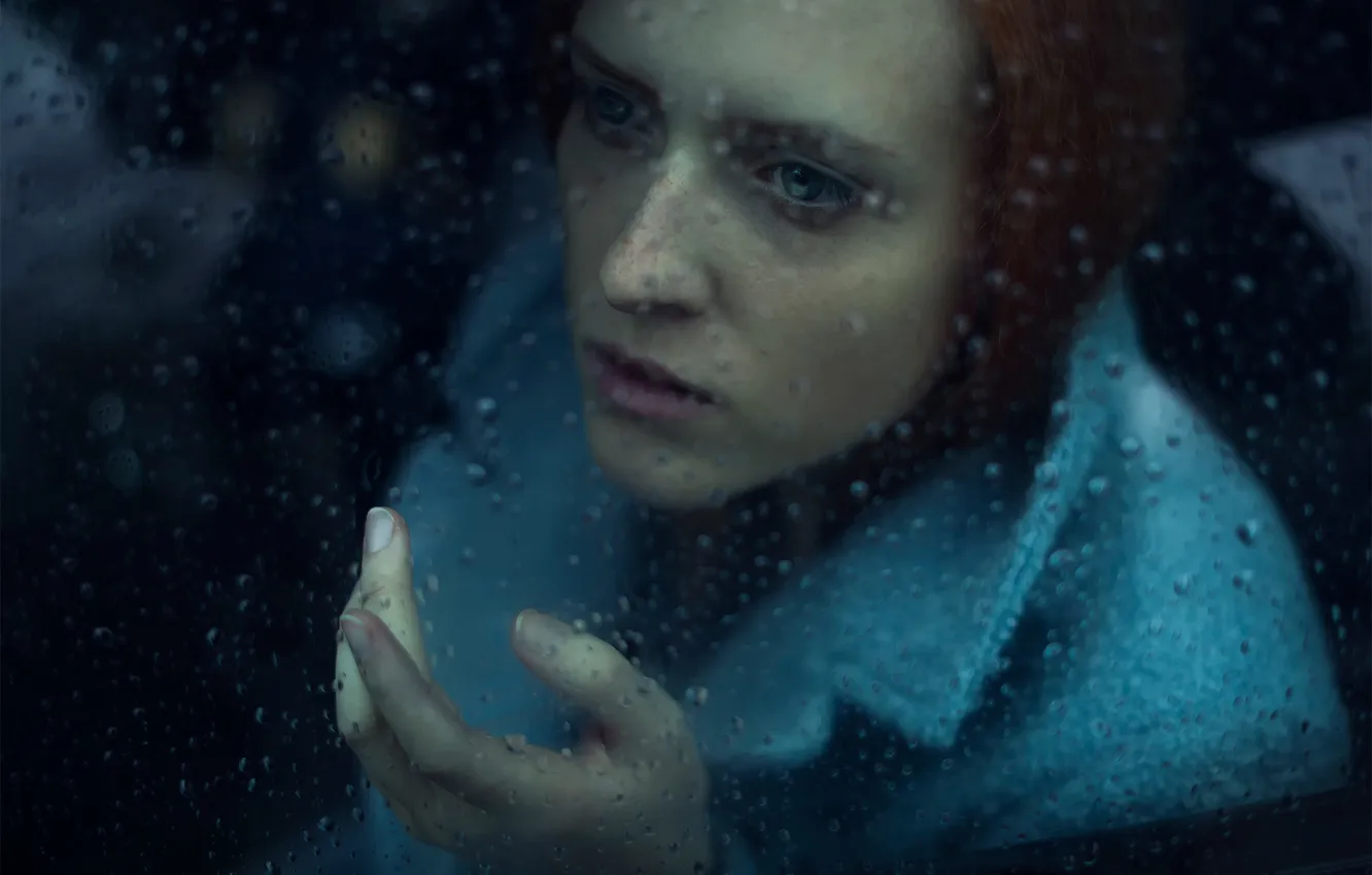 Photo wallpaper drops, macro, rain, the red-haired girl, Michael Farber