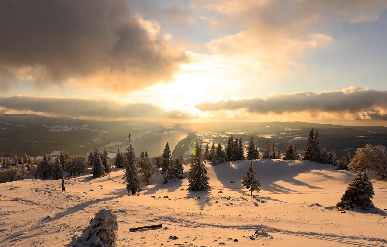 Photo wallpaper winter, the sun, light, snow, river, morning, valley, Switzerland
