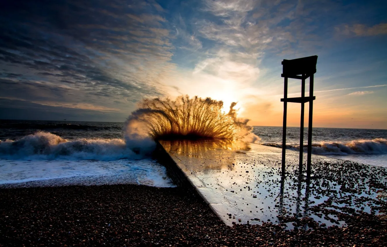 Photo wallpaper Sunset, Sea, Beach, Wave, Squirt