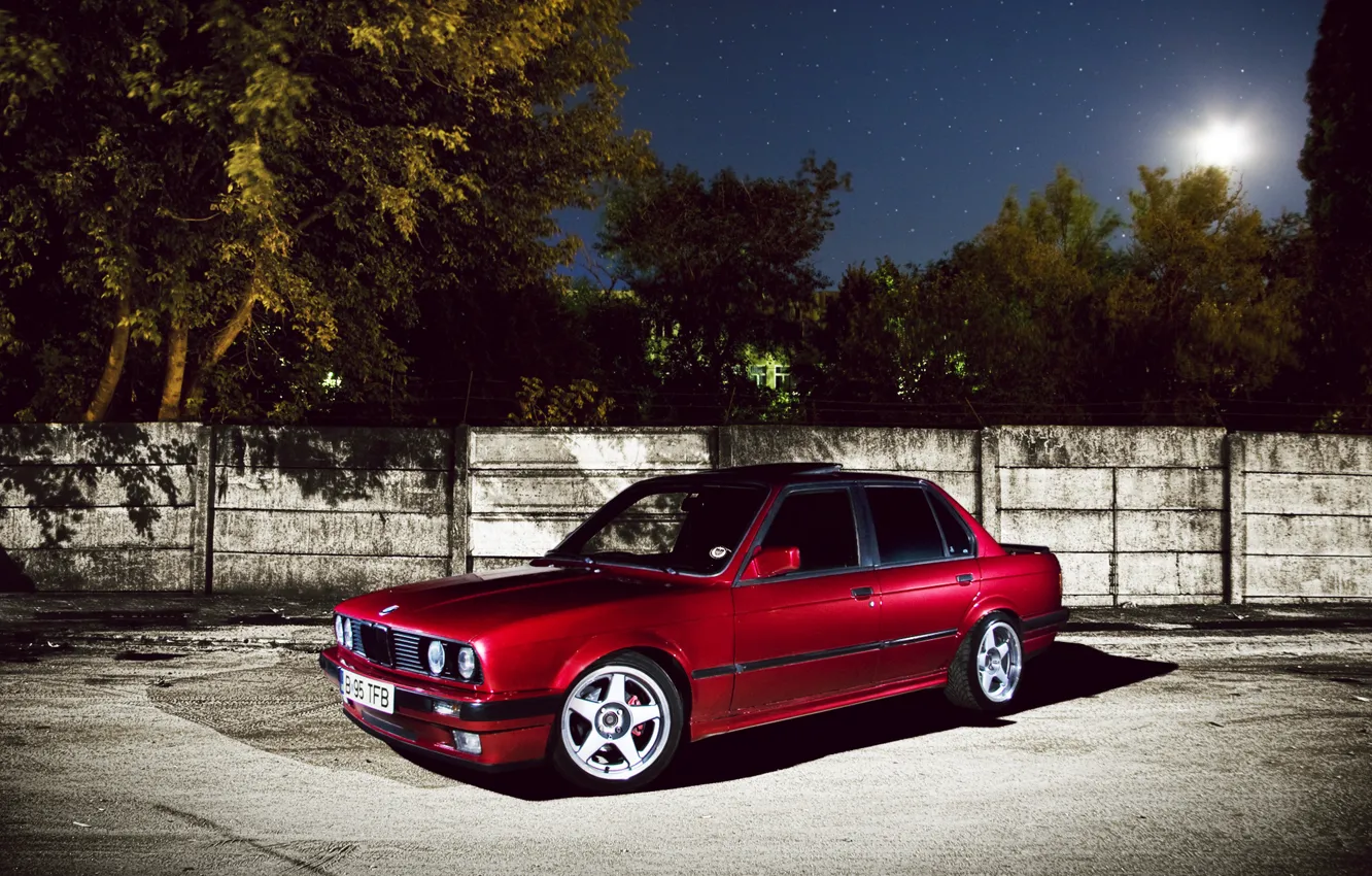 Photo wallpaper wall, tree, BMW, stars, BMW, red, red, E30