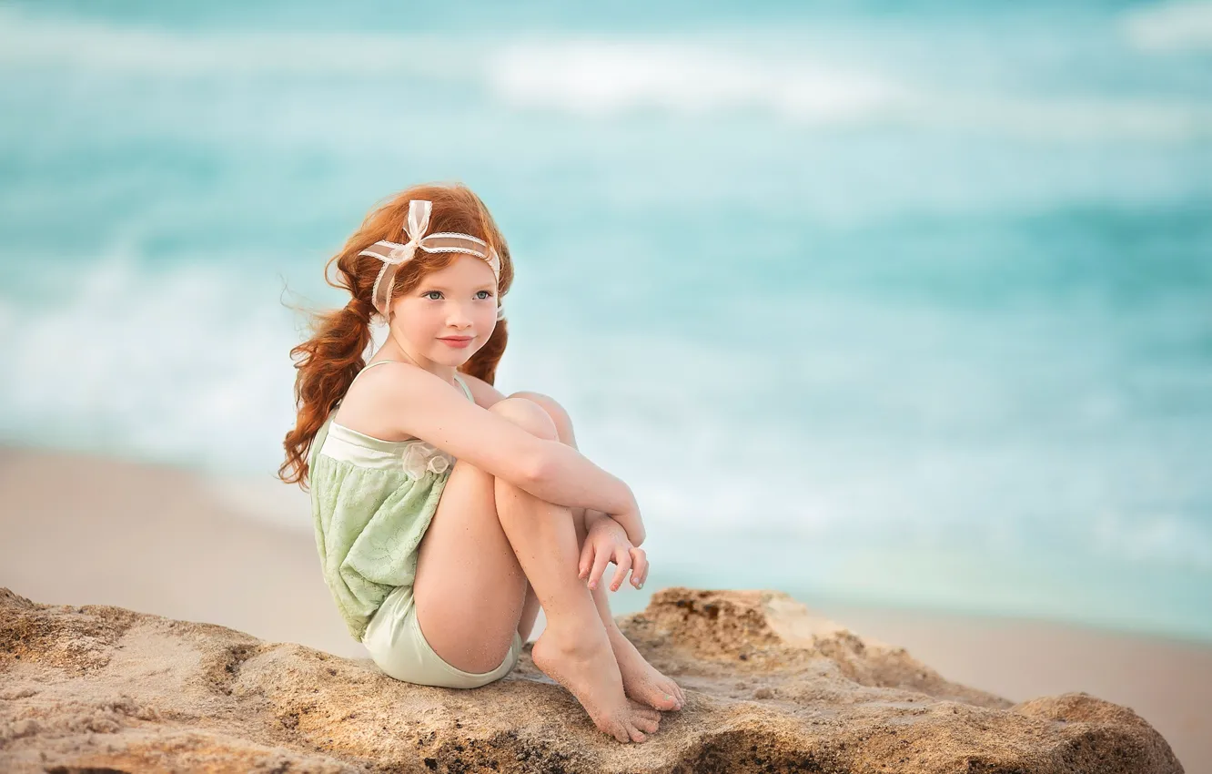 Photo wallpaper sand, sea, girl, redhead