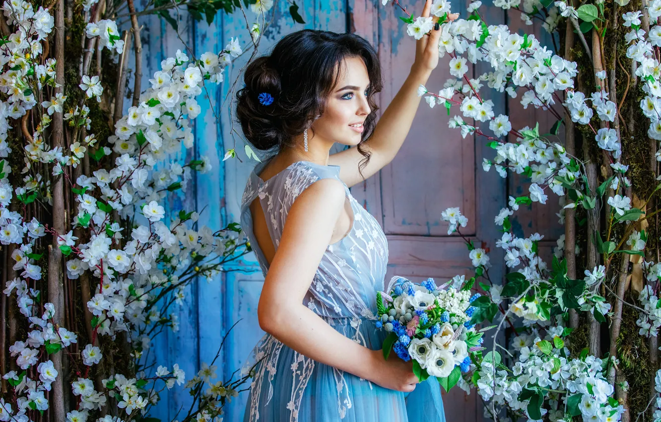 Photo wallpaper girl, flowers, makeup, garden, dress, brunette, hairstyle, beauty