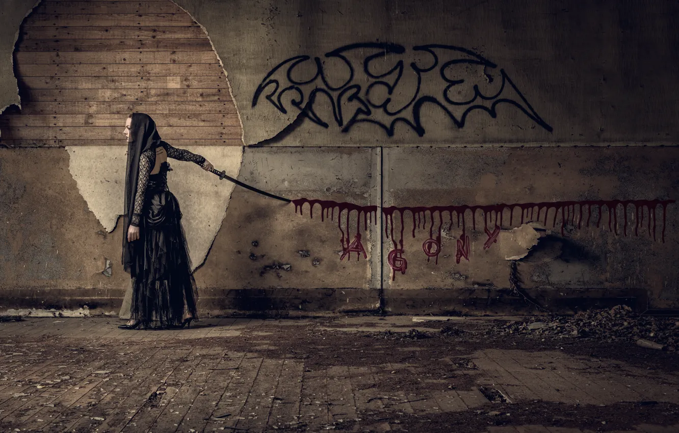 Photo wallpaper girl, blood, sword