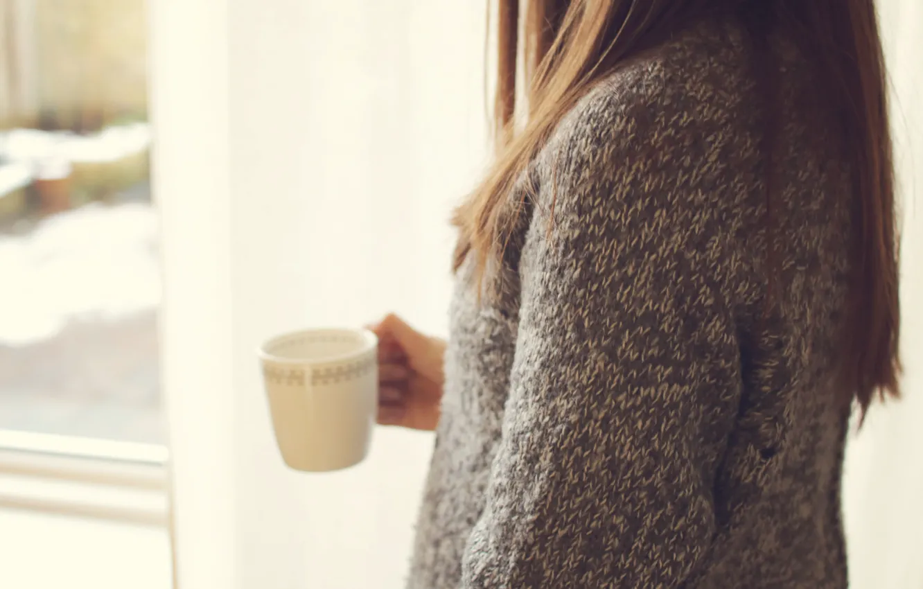 Photo wallpaper girl, mug, Cup, sweater