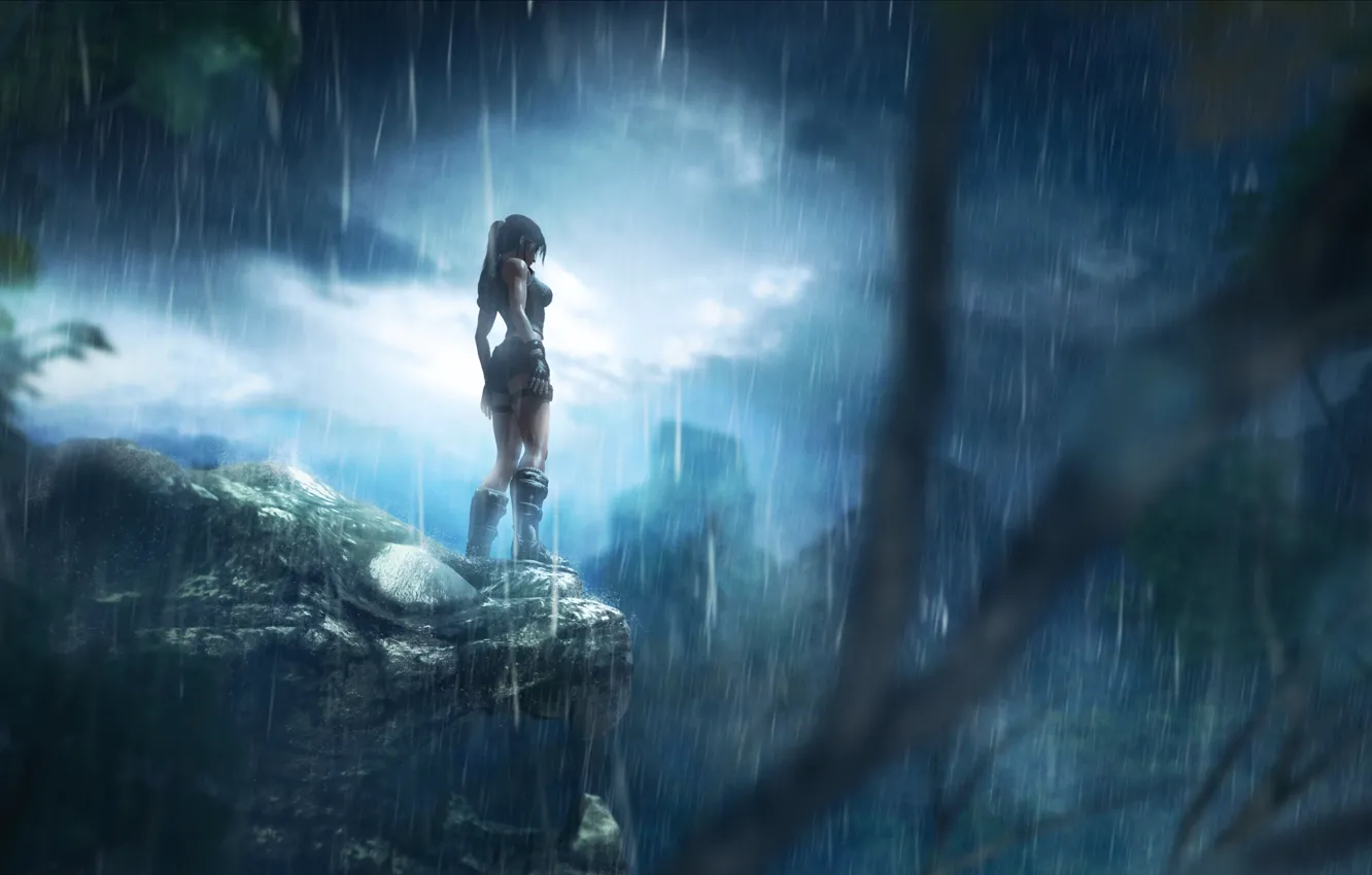 Photo wallpaper night, rain, jungle, Tomb Raider, Lara Croft
