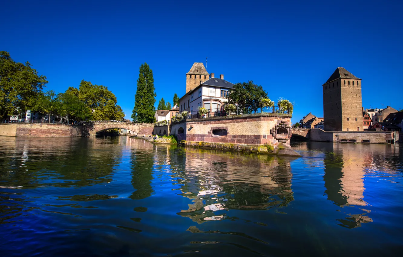 Photo wallpaper trees, river, France, home, bridges, Sunny, Strasbourg, the sky is blue