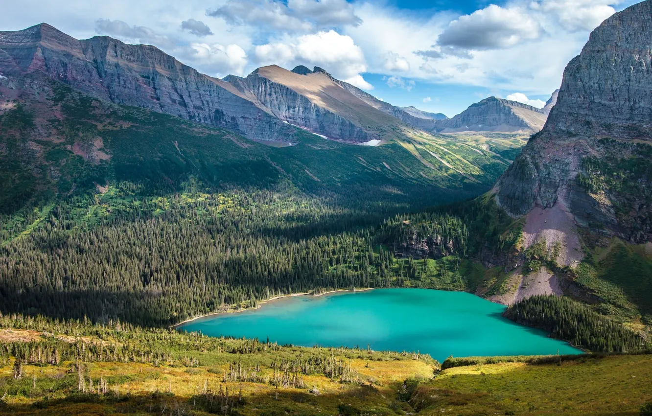 Photo wallpaper the sky, clouds, trees, landscape, mountains, nature, lake, beauty