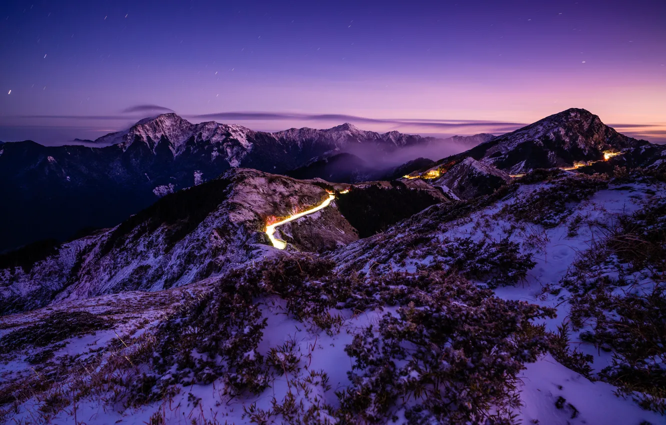 Photo wallpaper winter, road, purple, the sky, clouds, snow, landscape, sunset