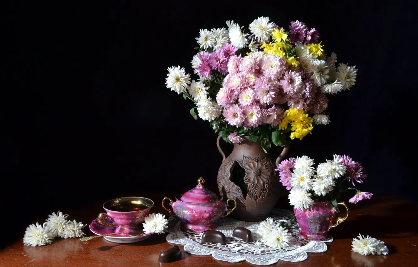 Photo wallpaper tea, candy, still life, chrysanthemum