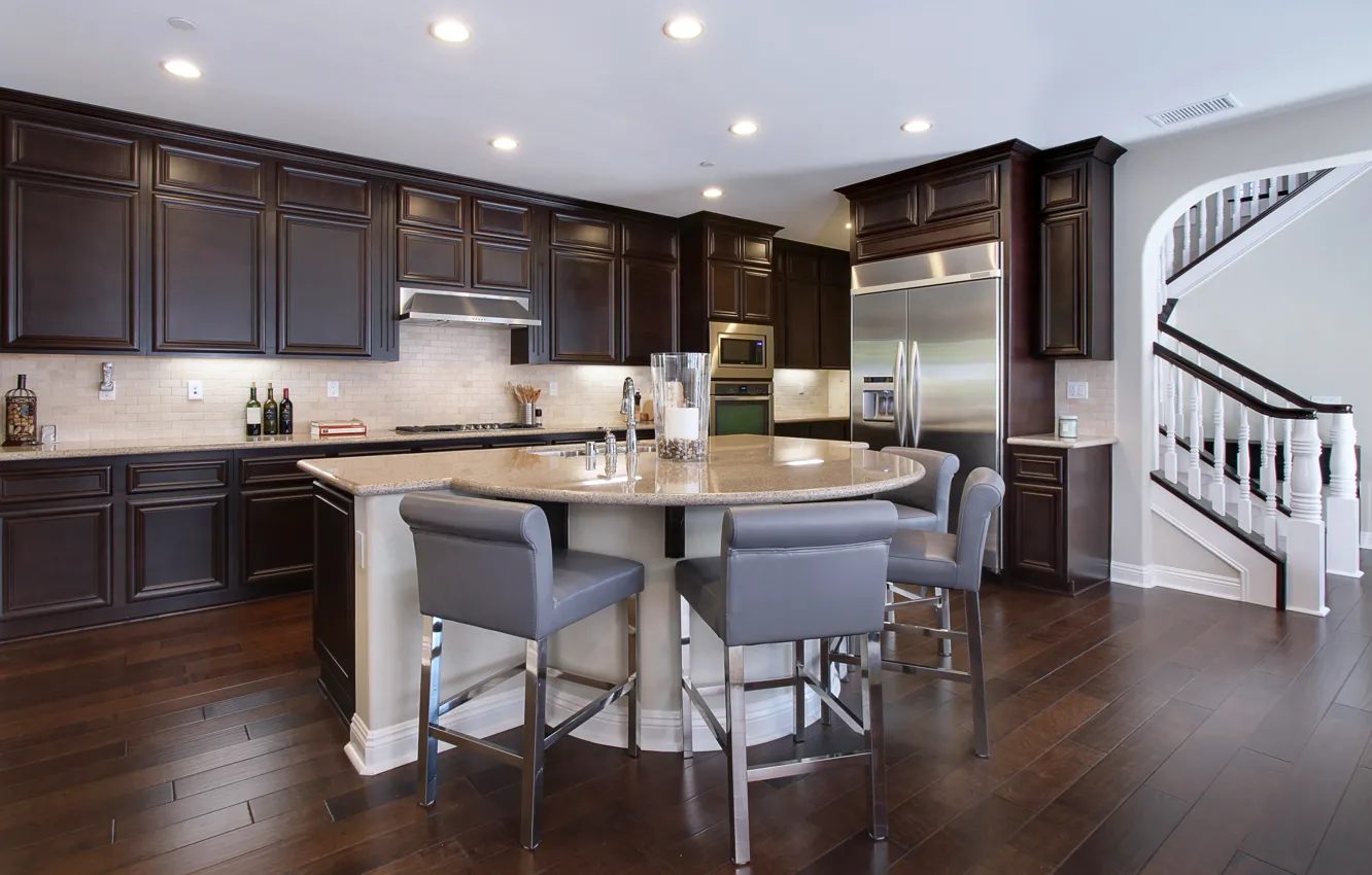 Photo wallpaper design, table, furniture, refrigerator, chair, kitchen, headsets