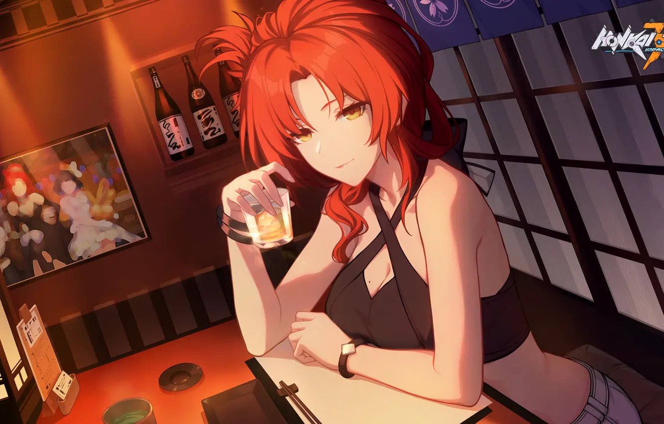 Photo wallpaper girl, glass, bar, Honkai Impact 3rd, Murata Himeko