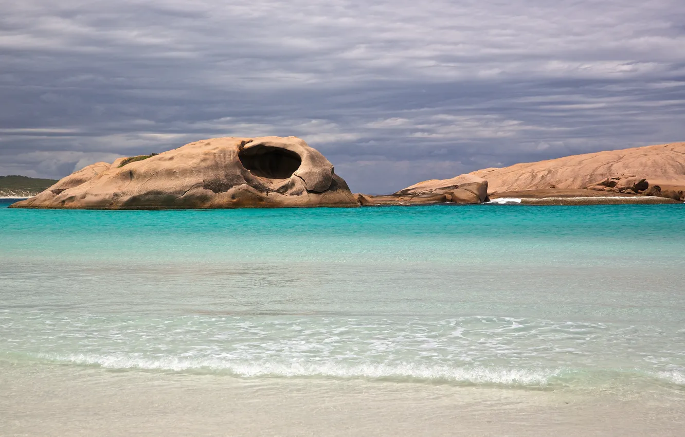 Photo wallpaper sea, the sky, rocks, cave