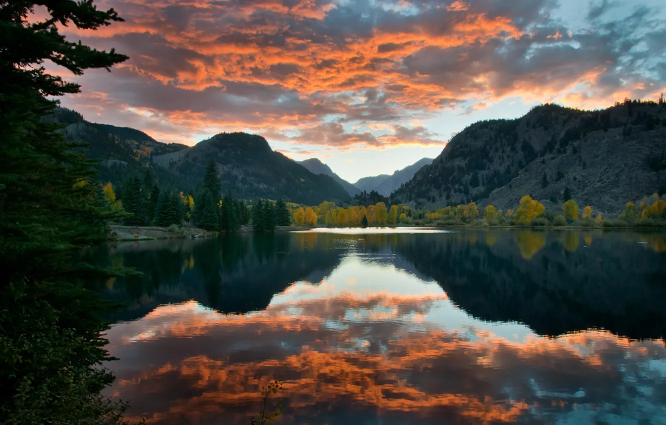 Photo wallpaper autumn, forest, the sky, clouds, reflection, mountains, lake