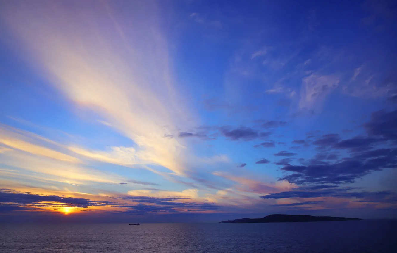Photo wallpaper sea, the sky, clouds, sunset, island