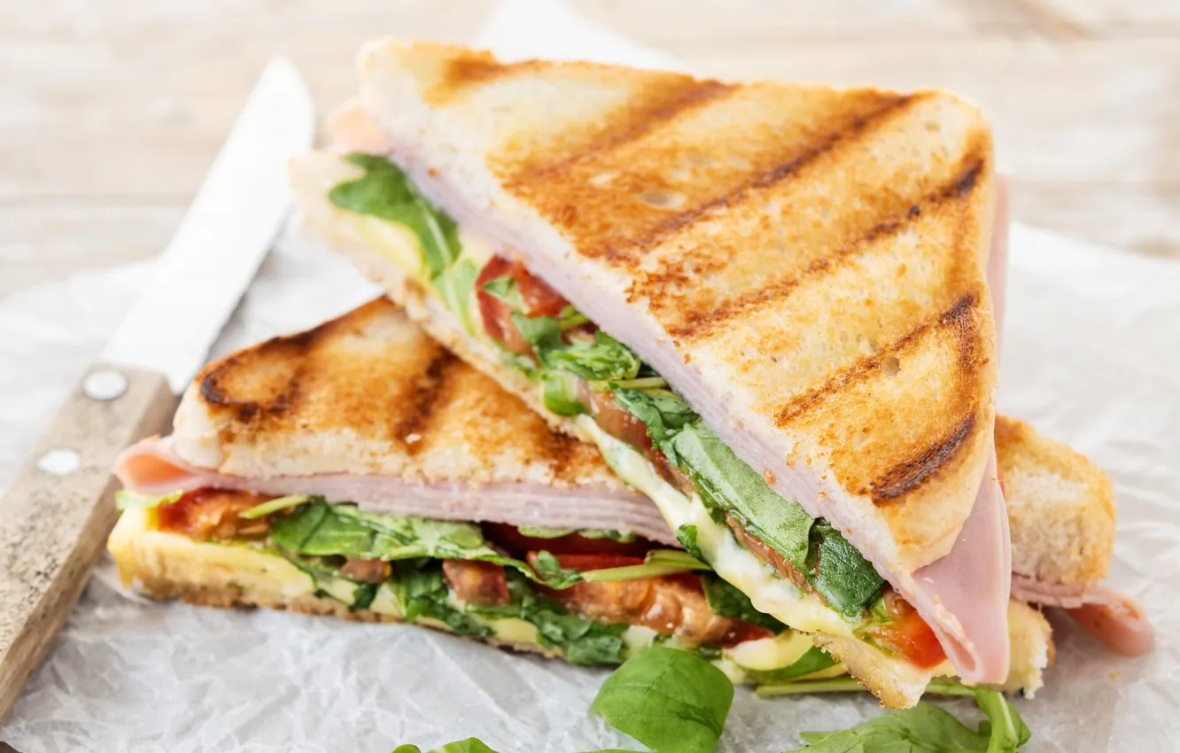 Photo wallpaper cheese, tomato, sandwich, ham, arugula, panini