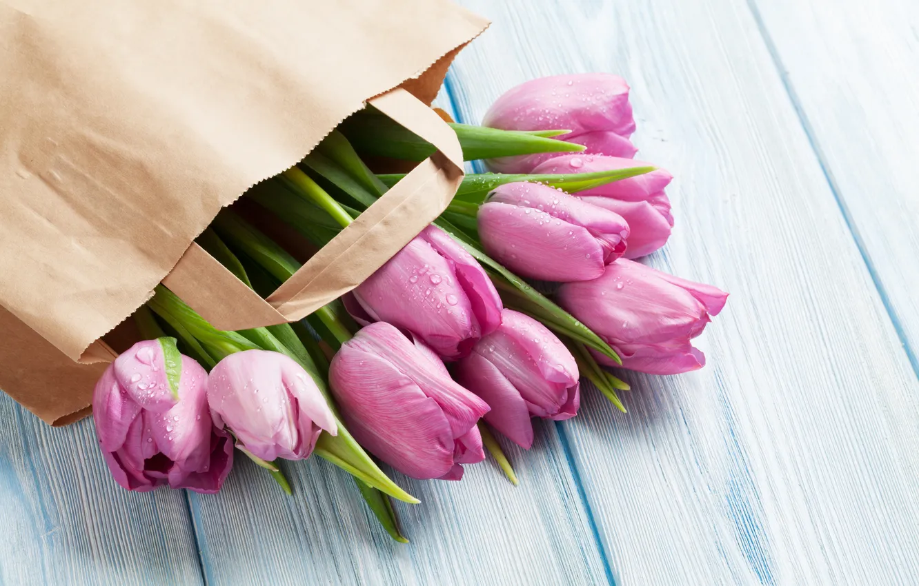 Photo wallpaper flowers, bouquet, tulips, wood, pink, flowers, tulips, spring