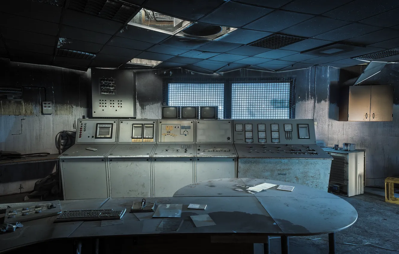 Photo wallpaper table, devices, keyboard, monitor, architecture, the room, abandoned building