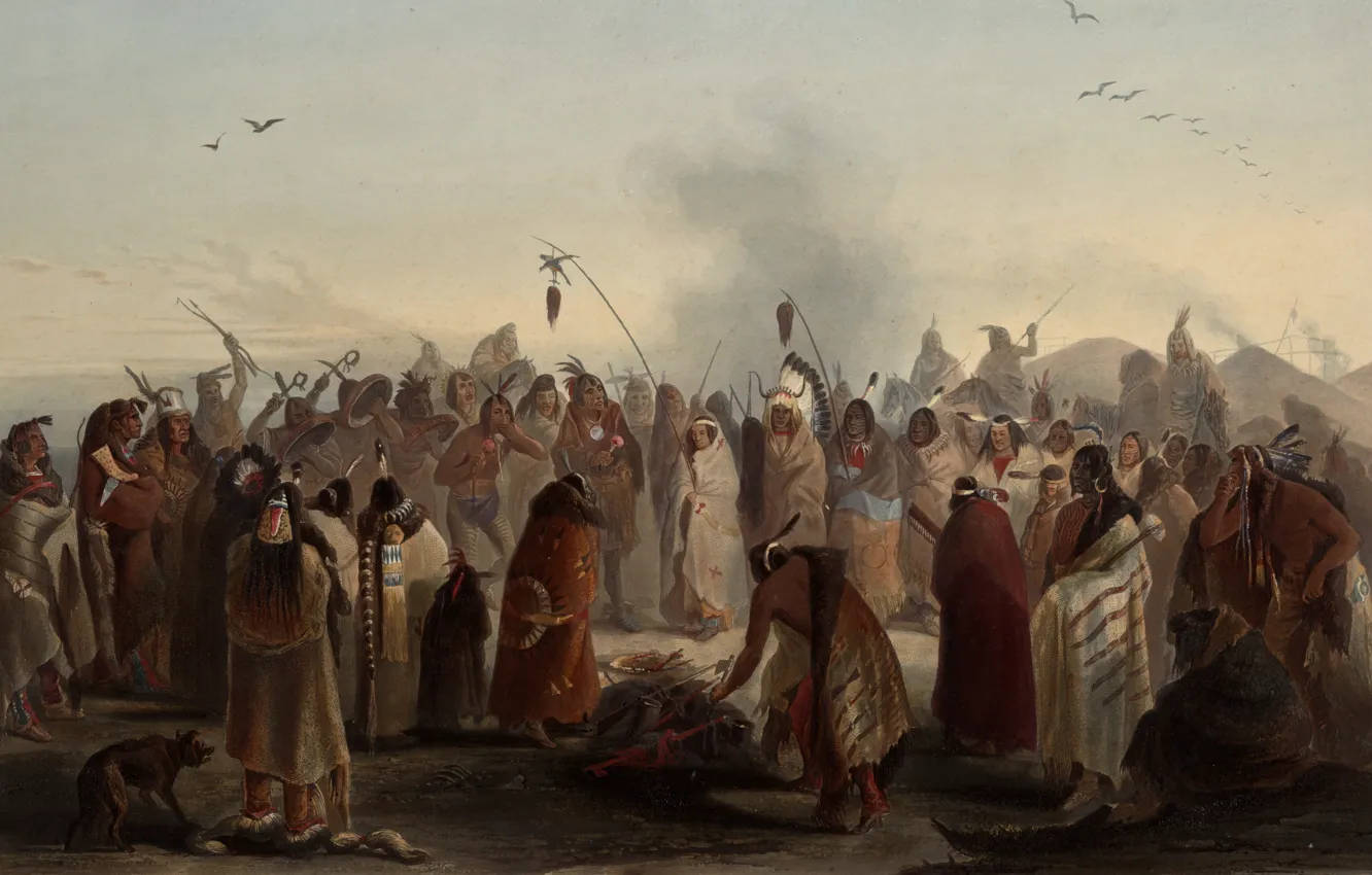 Photo wallpaper picture, painting, painting, Karl Bodmer, Bodmer, Scalp Dance of the Minatarres - Awesome St, 1836