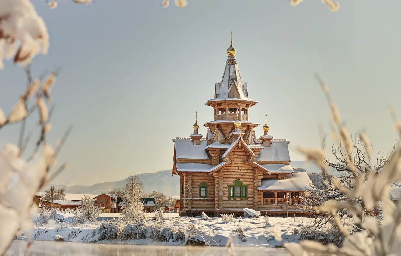 Photo wallpaper winter, water, snow, trees, landscape, nature, the city, Church