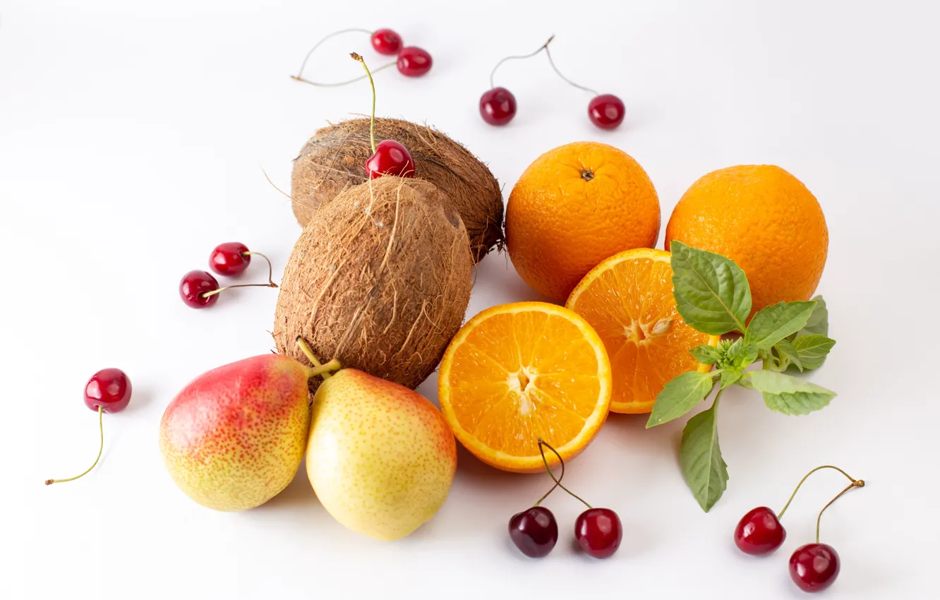Photo wallpaper leaves, cherry, berries, orange, coconut, white background, fruit, placer