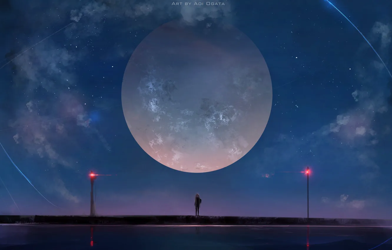 Photo wallpaper the sky, girl, stars, clouds, night, the moon, anime, art