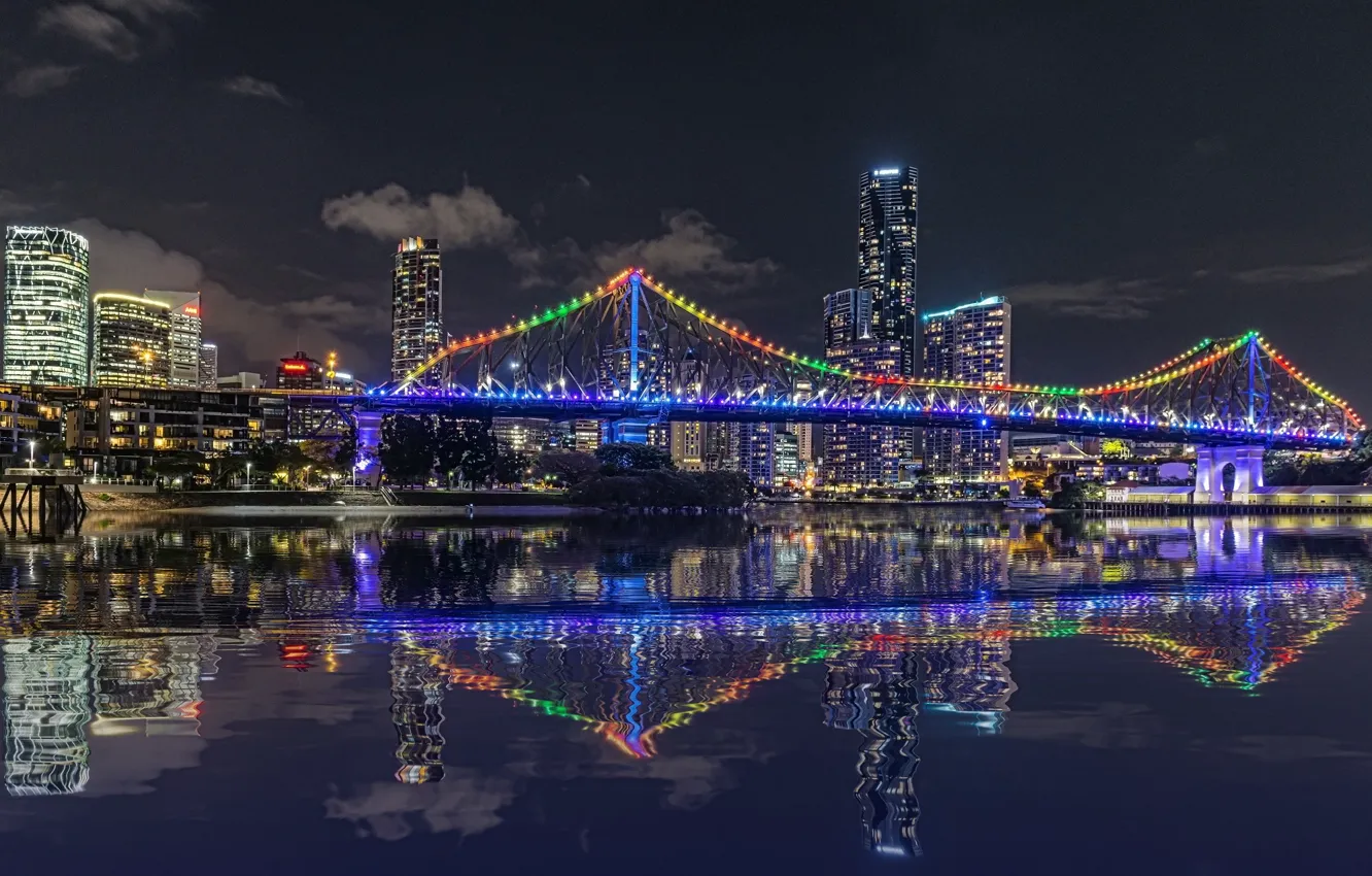 Photo wallpaper night, lights, reflection, river, skyscrapers, backlight, Australia, megapolis