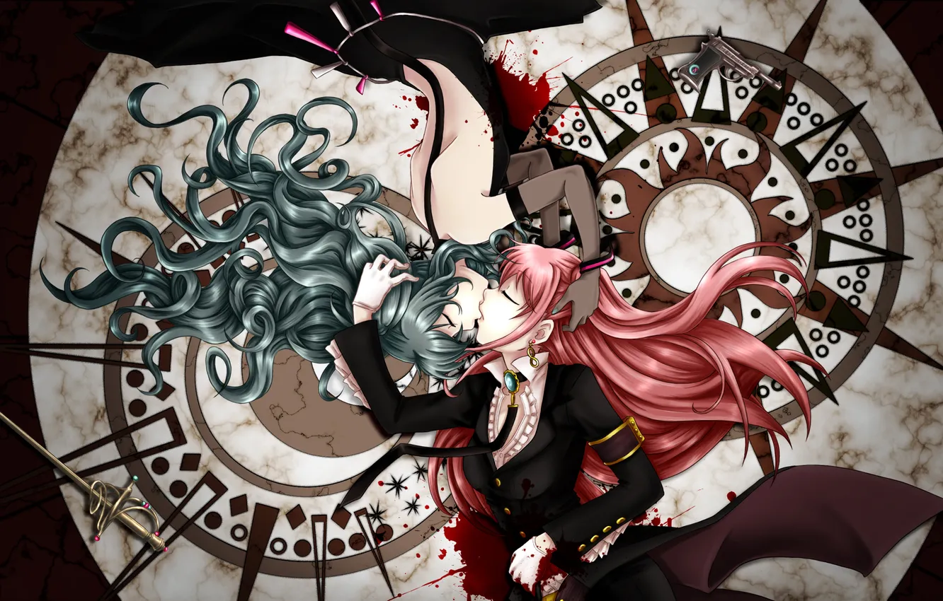 Photo wallpaper girl, blood, kiss, art, vocaloid, hatsune miku, megurine luka, Vocaloid