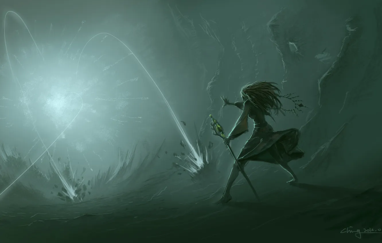 Photo wallpaper the explosion, stones, magic, art, MAG, staff, the sorcerer