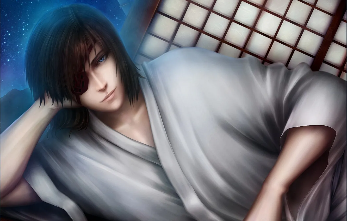 Photo wallpaper art, headband, guy, kimono, lying, inira, Sengoku Basara, Date Masamune