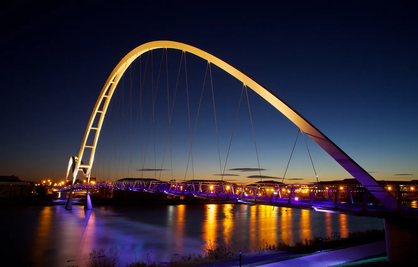 Photo wallpaper night, bridge, the city, lights, river, England, England, Stockton