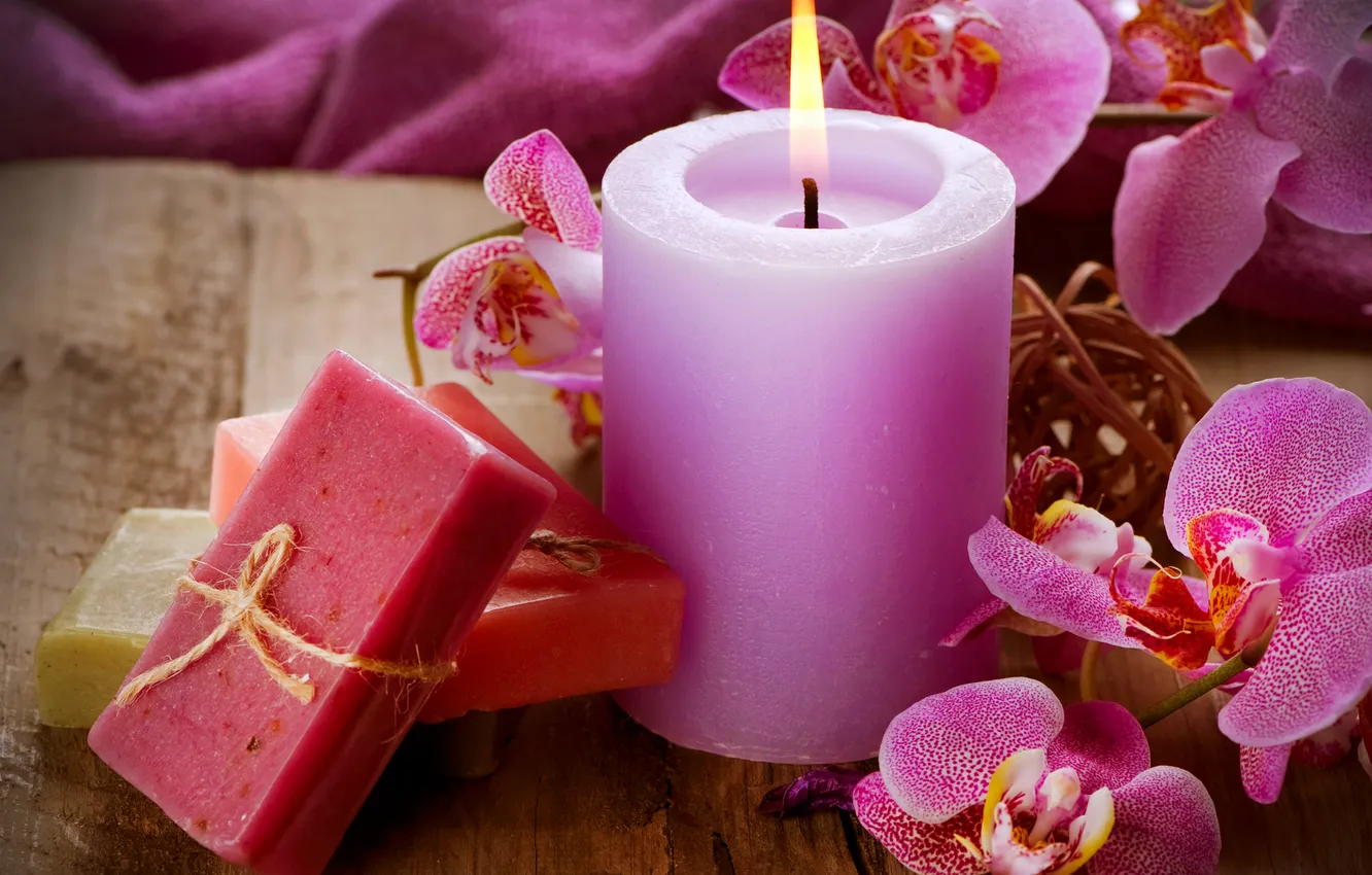 Photo wallpaper flowers, candles, soap, soap, Orchid, flowers, candle, orchids