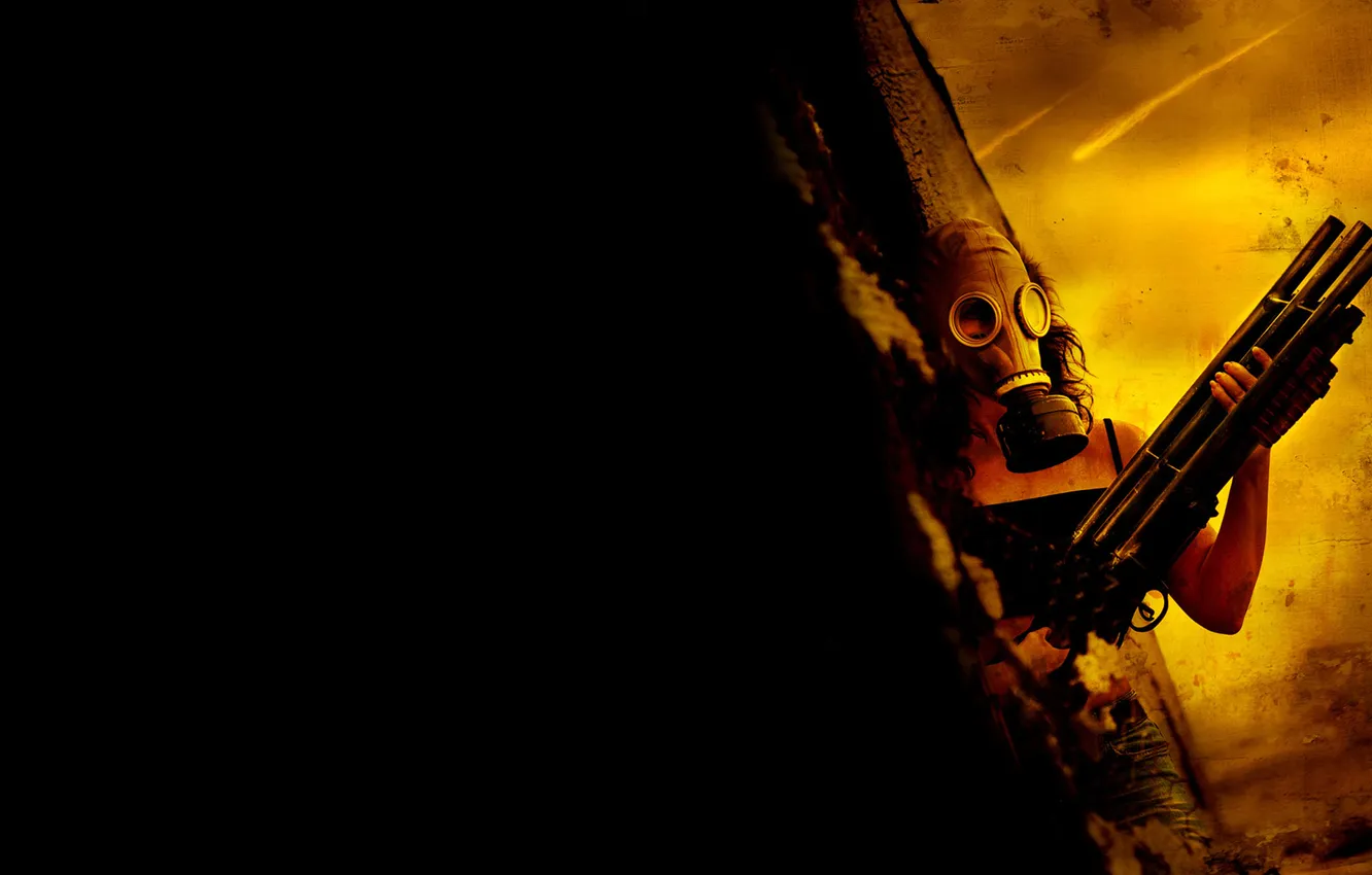 Photo wallpaper girl, the dark background, weapons, gas mask