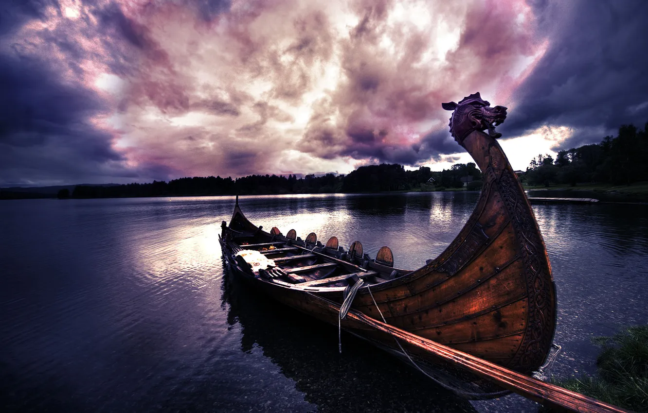 Photo wallpaper the sky, clouds, river, boat