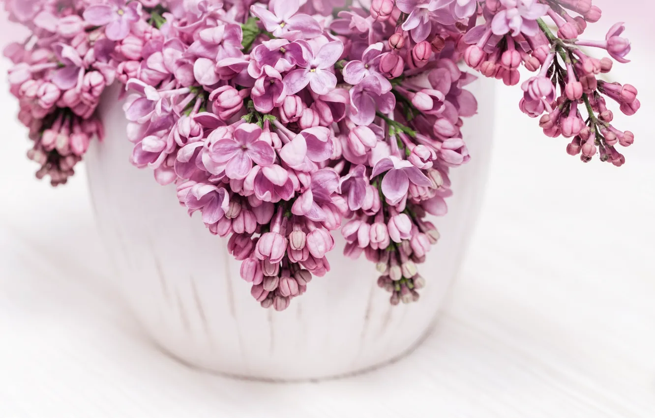 Photo wallpaper pink, bouquet, vase, lilac