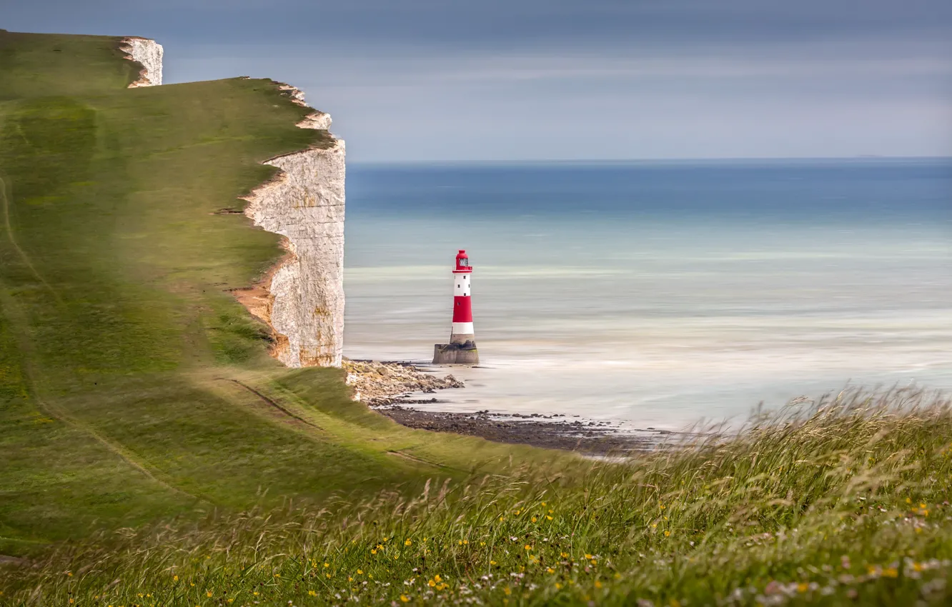 Photo wallpaper grass, beach, sky, sea, flowers, horizon, wind, lighthouse