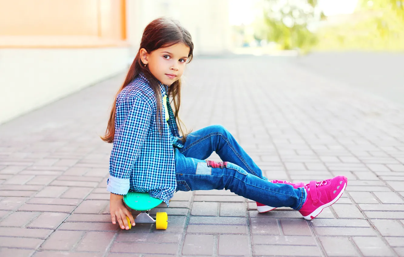 Photo wallpaper look, children, street, jeans, girl, skateboard