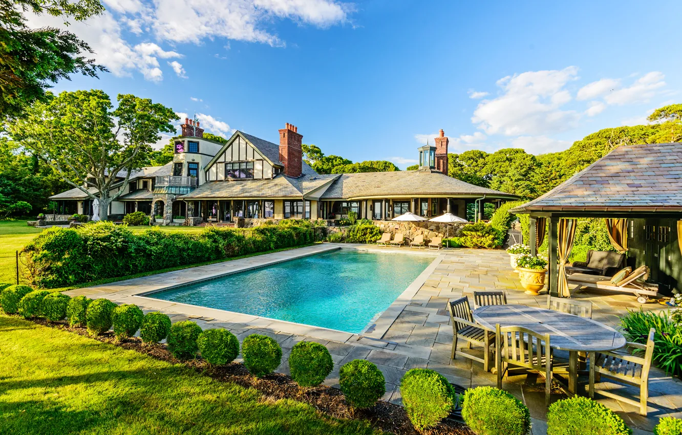 Photo wallpaper trees, table, home, pool, chair, pool, sunbeds, home