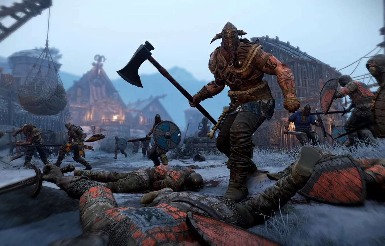 Photo wallpaper axe, sword, game, ken, blade, shield, Viking, pearls