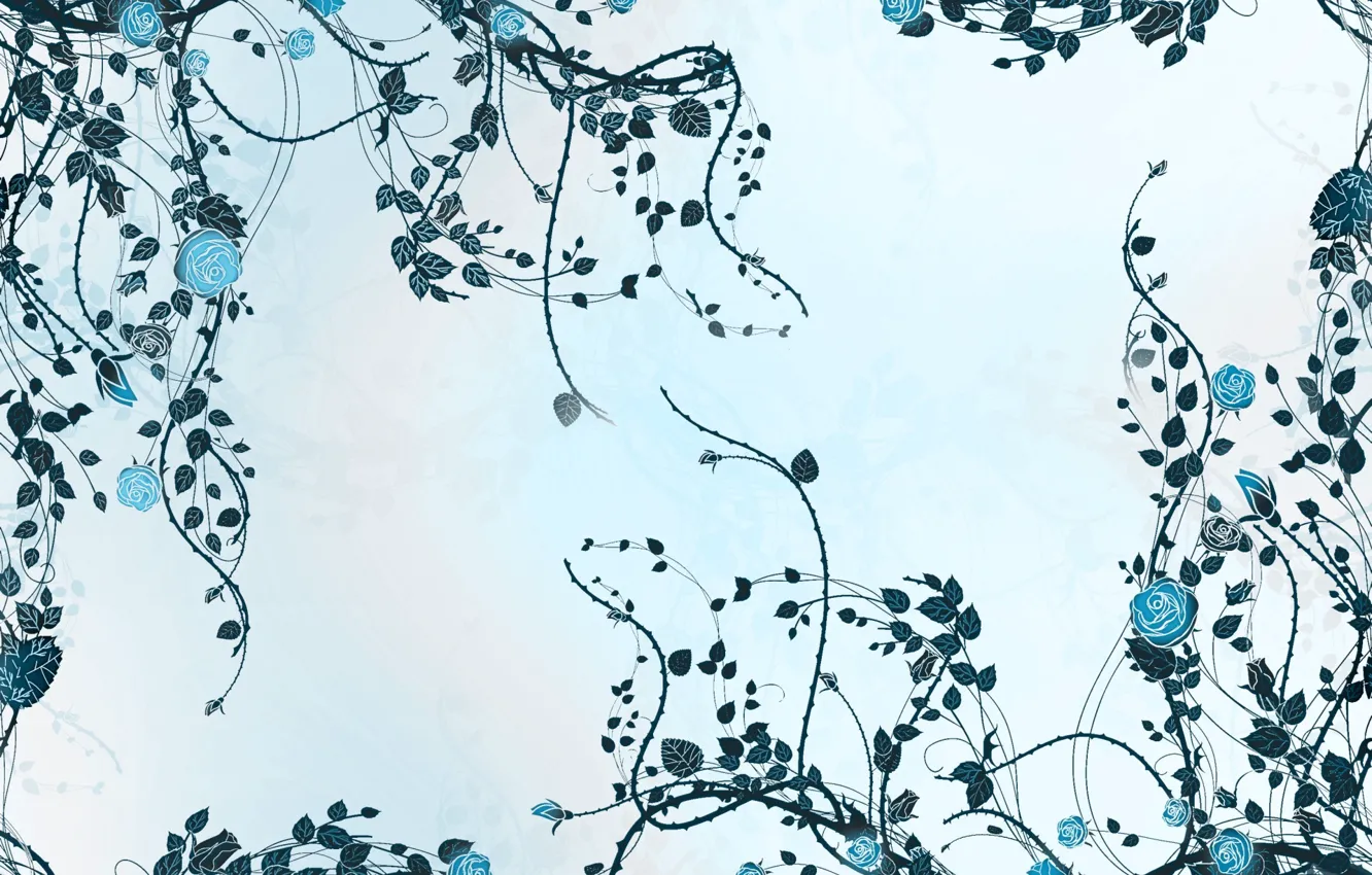 Photo wallpaper branches, background, blue, roses, vector, blue, art