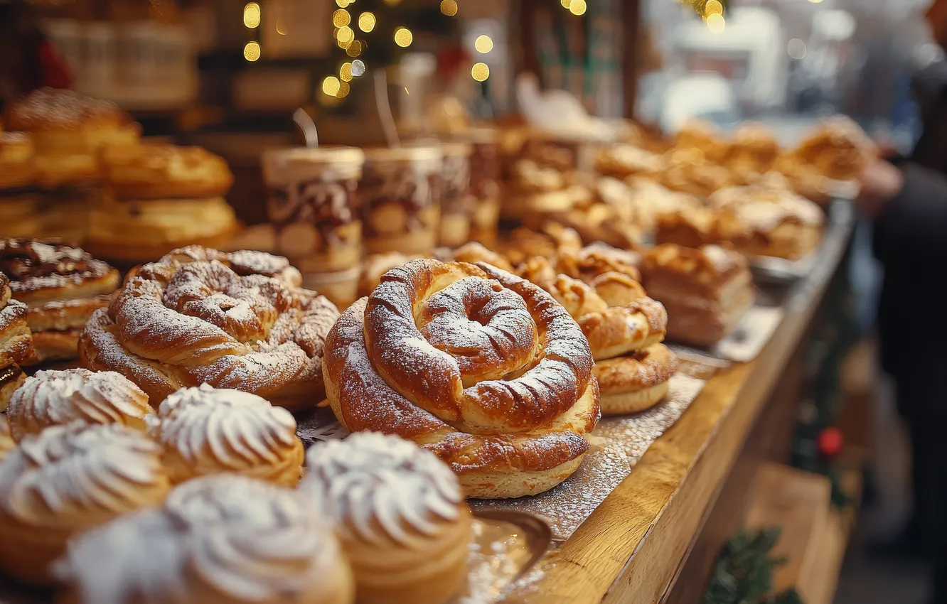 Photo wallpaper the city, street, cake, trade, different, a lot, market, cakes